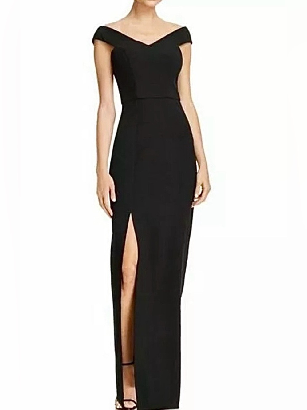 Bariano Australia Off-the-Shoulder Black Column Evening Gown with Front Slit